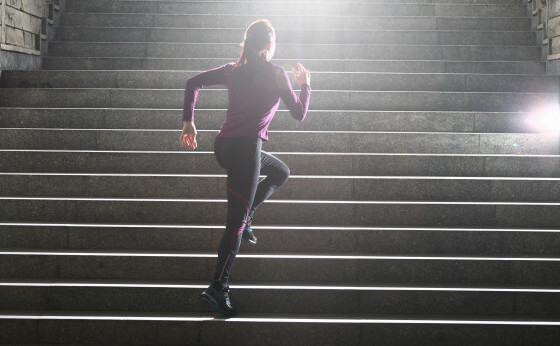 Women running on stairs